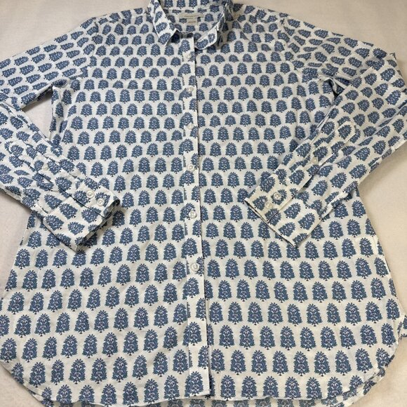 Garnet Hill Womens Shirt Button Down White Blue/Green Flowers Size 4 - Picture 2 of 11
